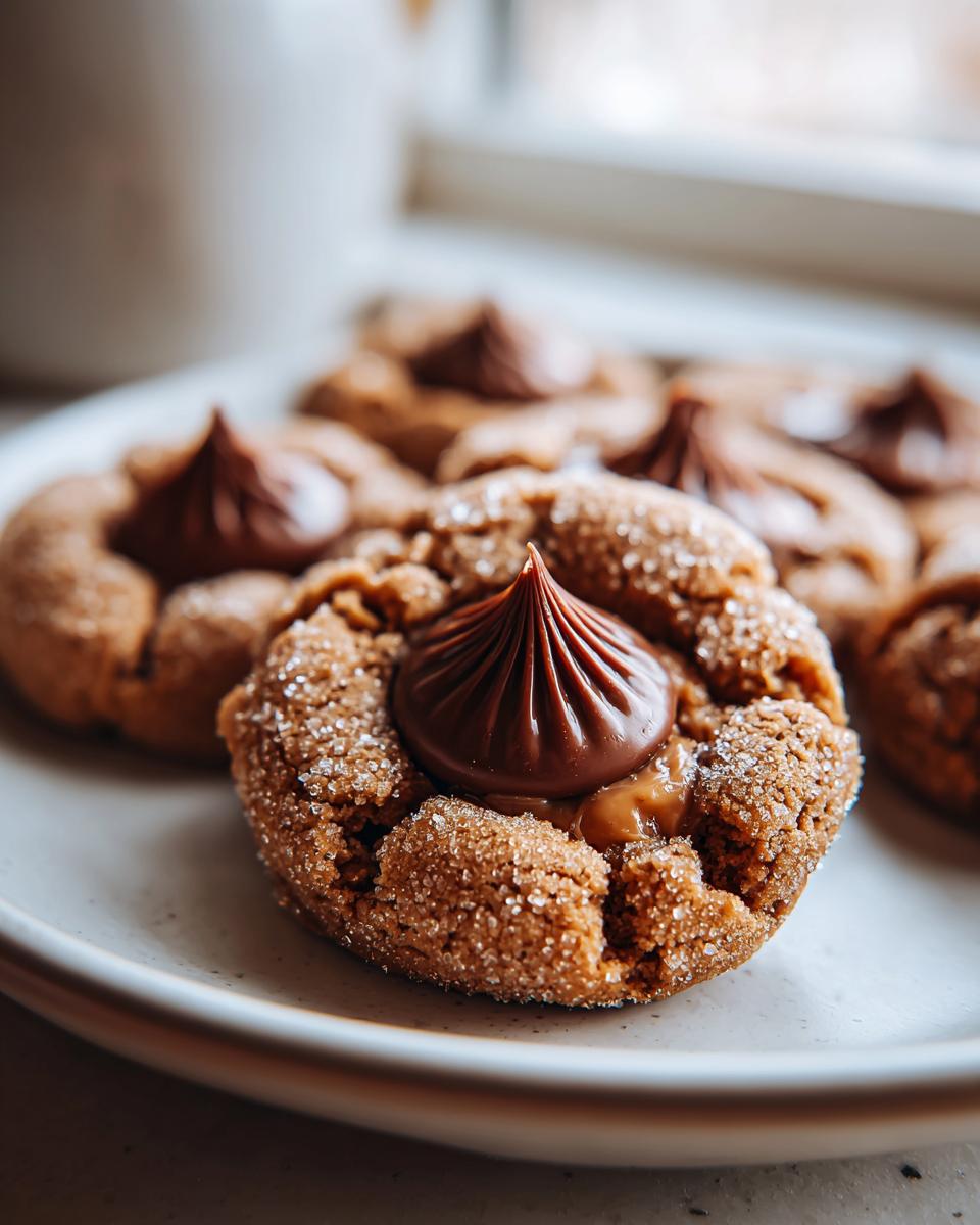 A close-up of a freshly baked, sugar-coated kiss cookie with a dollop of melted caramel and a chocolate kiss on top.