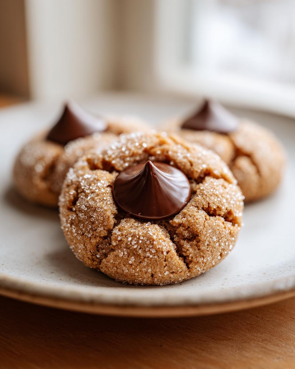 Close-up of three peanut butter kiss cookies rolled in sugar, each topped with a chocolate kiss.
