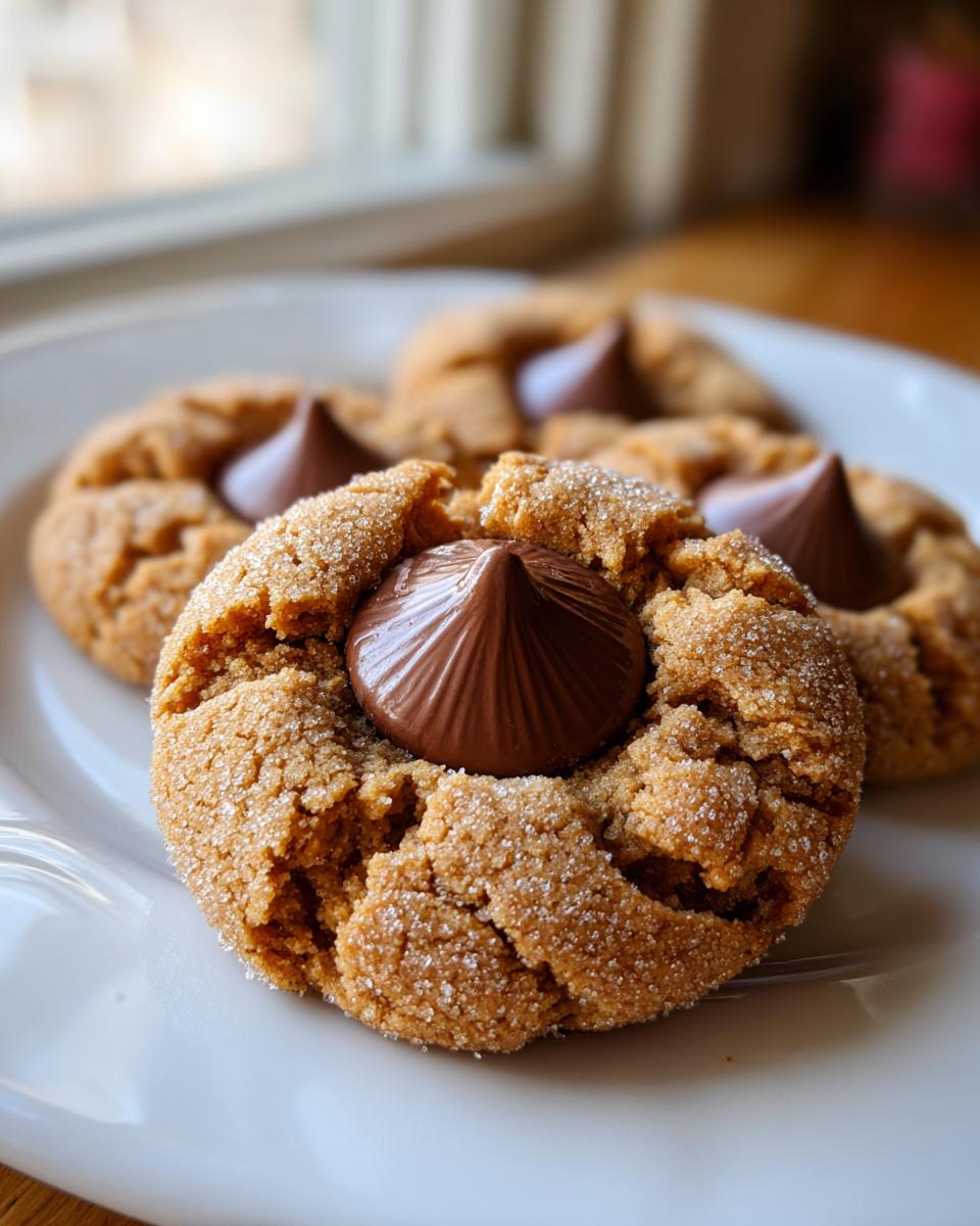 Close-up of freshly baked, sugar-coated peanut butter kiss cookies with a chocolate candy pressed into the center.