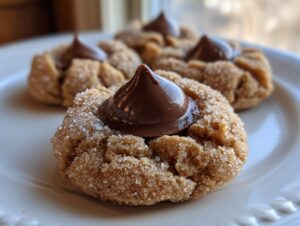 A close-up of a freshly baked peanut butter kiss cookie rolled in sugar, topped with a melted chocolate kiss.