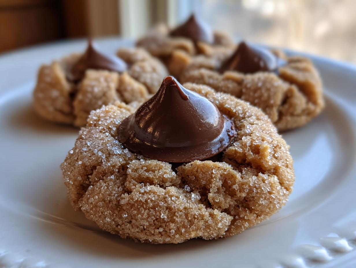 A close-up of a freshly baked peanut butter kiss cookie rolled in sugar, topped with a melted chocolate kiss.