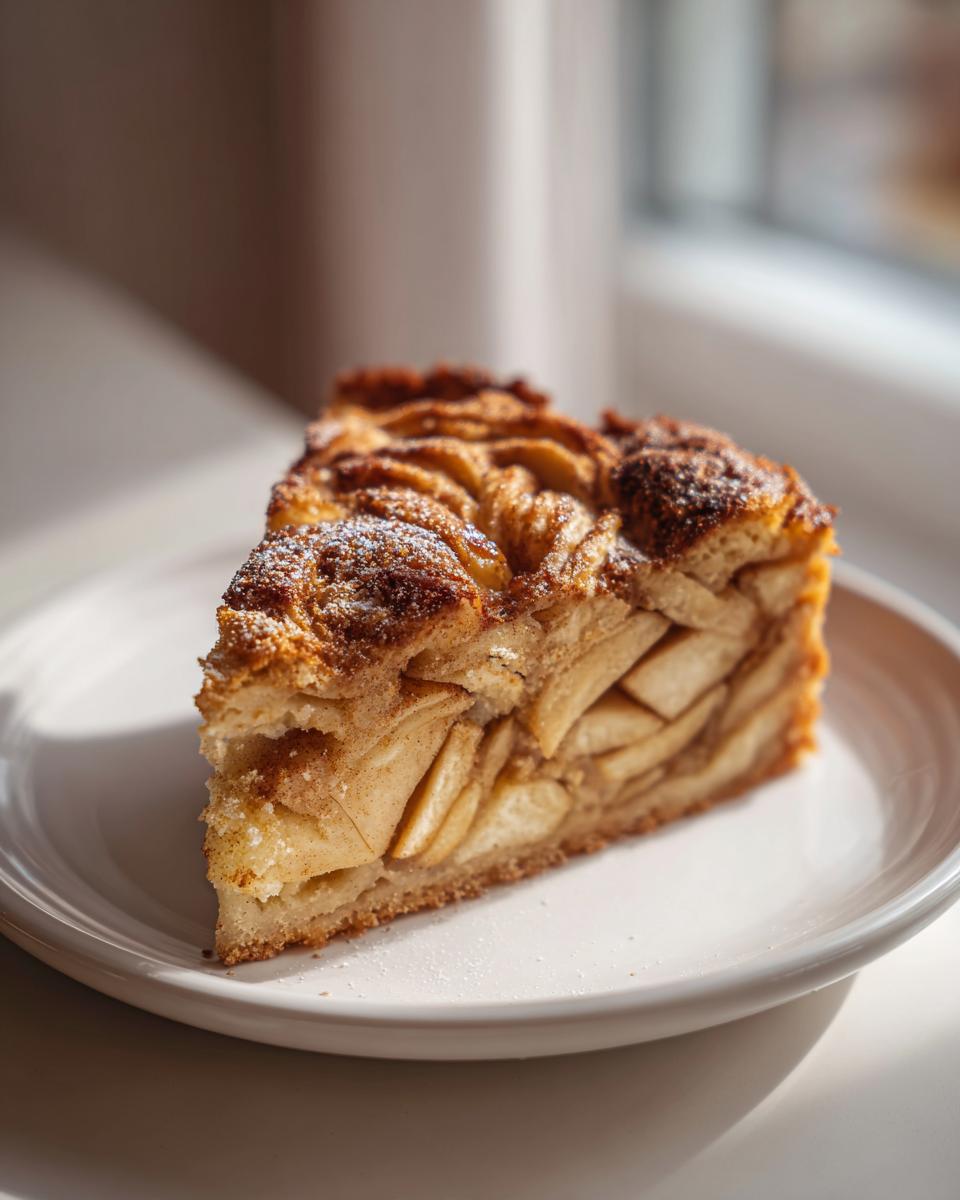 A close-up slice of moist Swedish apple cake, packed with apple slices and topped with cinnamon sugar.