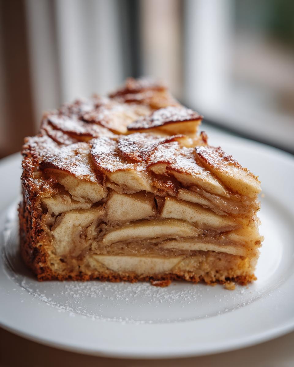 A close-up of a moist slice of swedish apple cake layered with cinnamon apples and dusted with powdered sugar.