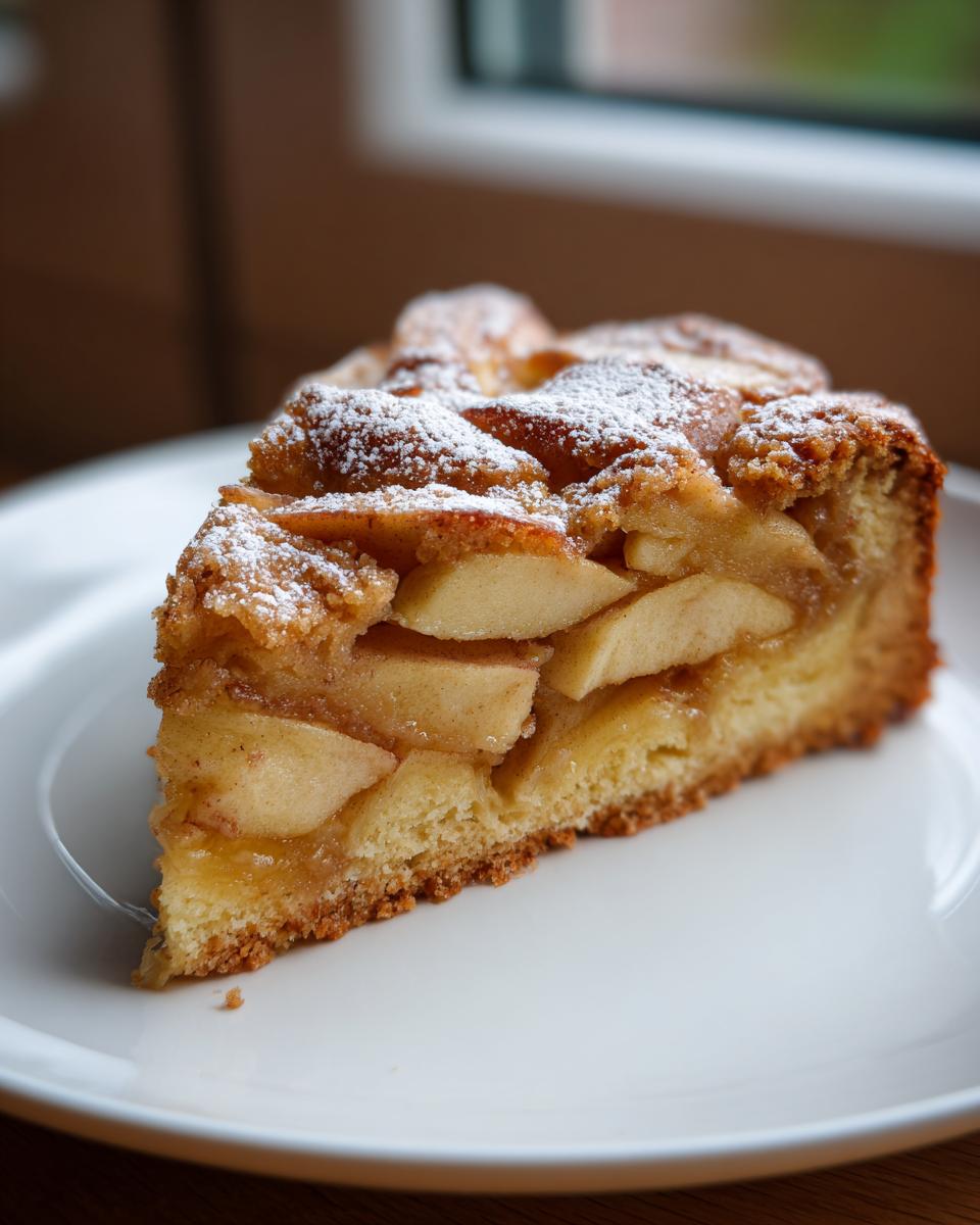 A close-up slice of moist Swedish apple cake topped with baked apple slices and dusted with powdered sugar.