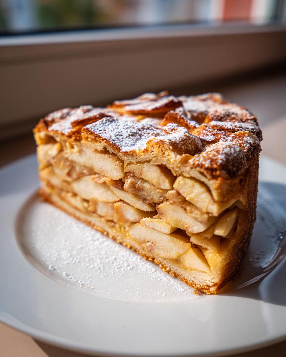 A tall, thick slice of swedish apple cake layered with apples and topped with powdered sugar on a white plate.