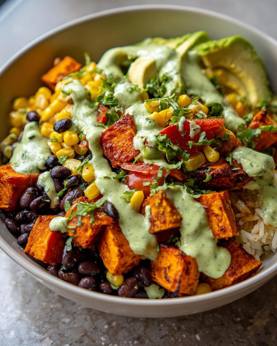 Close-up of a delicious sweet potato taco bowl featuring roasted sweet potatoes, black beans, corn, and a creamy green sauce.