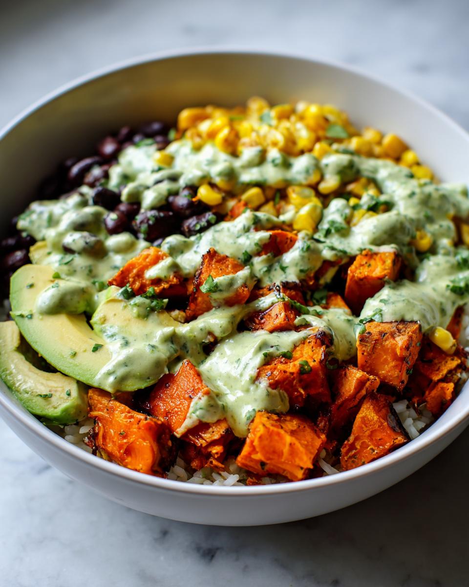 A vibrant sweet potato taco bowl featuring roasted sweet potato chunks, black beans, corn, avocado, and a generous drizzle of creamy green sauce.