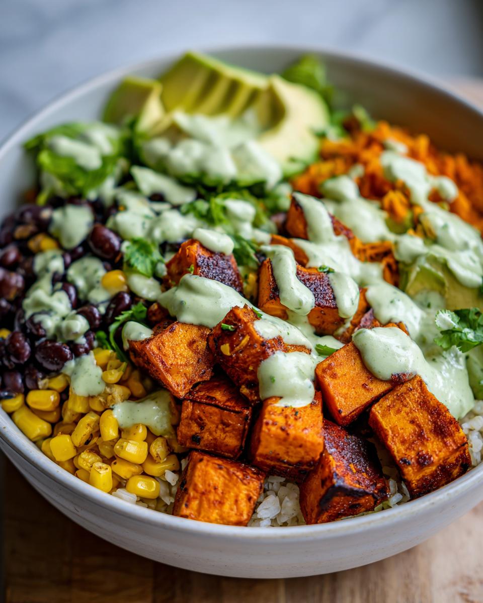 Close-up of a vibrant sweet potato taco bowl featuring roasted sweet potato cubes, black beans, corn, avocado, and a creamy green sauce.