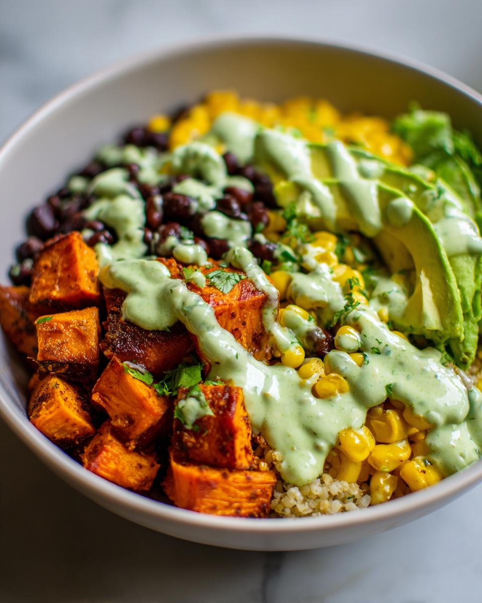 A vibrant sweet potato taco bowl featuring roasted sweet potatoes, black beans, corn, avocado, and a creamy green sauce.