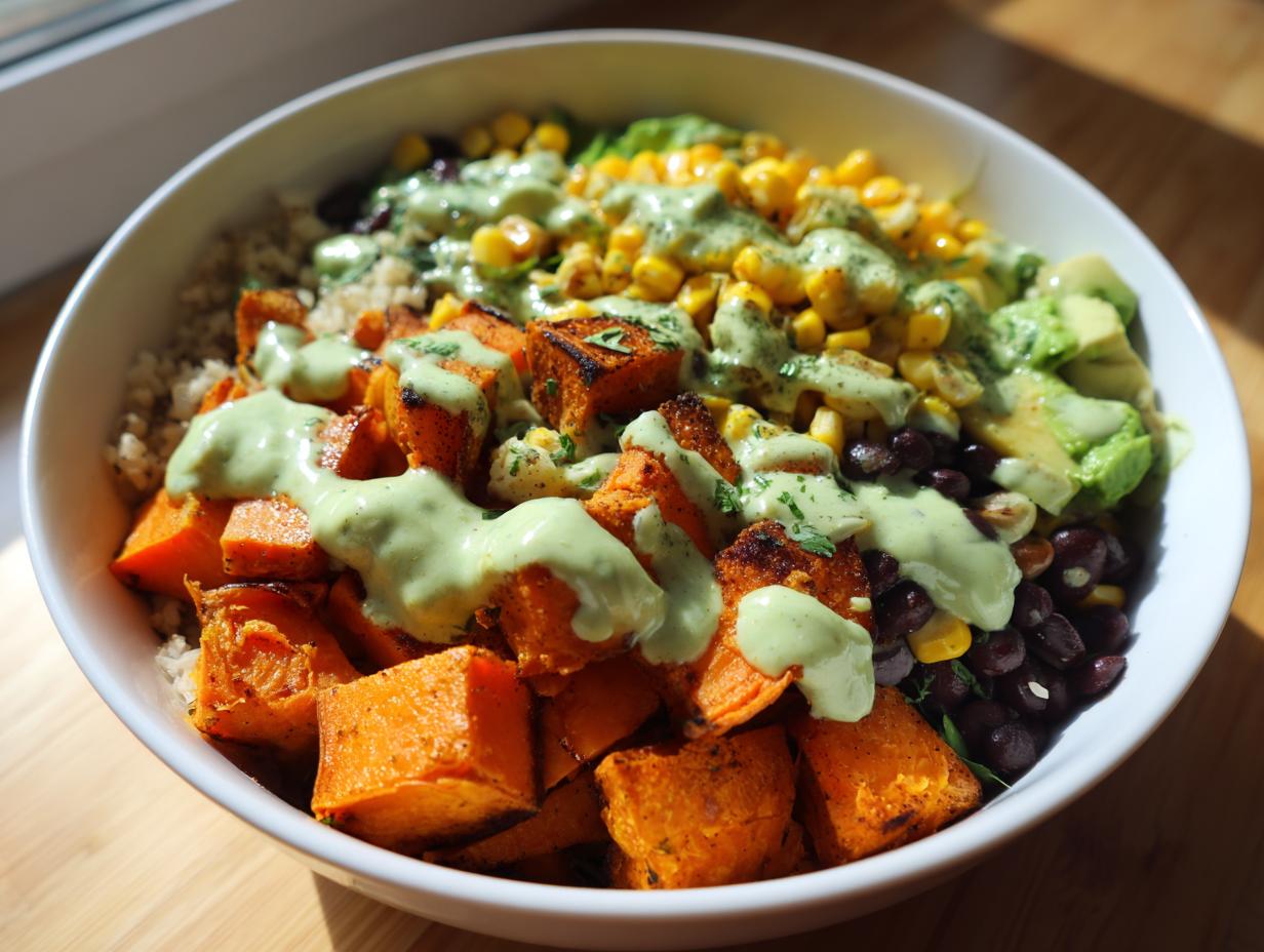 A vibrant sweet potato taco bowl featuring roasted sweet potatoes, black beans, corn, avocado, and a creamy green cilantro dressing.