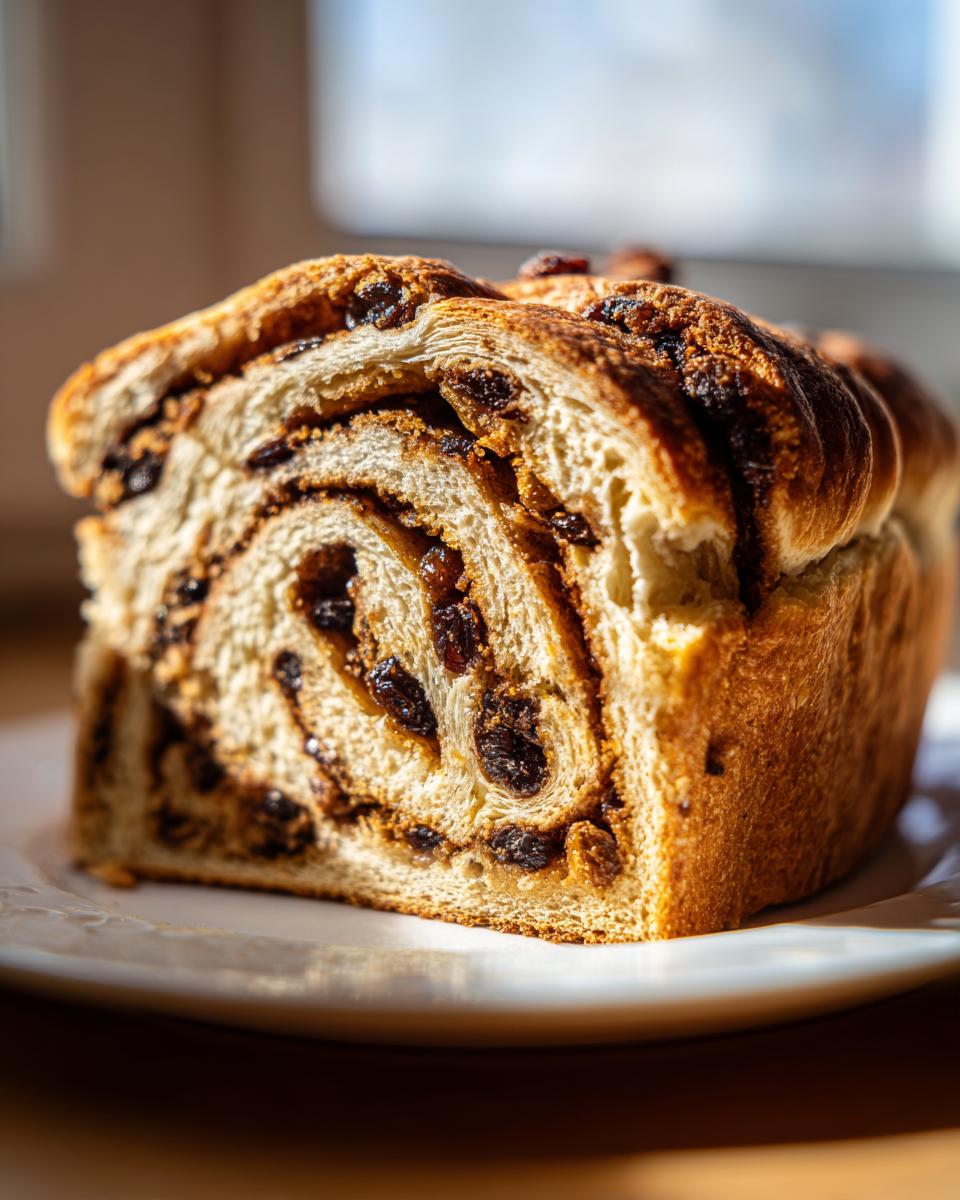 Close-up of a freshly baked loaf of raisin bread showing the beautiful cinnamon swirl and plump raisins inside.