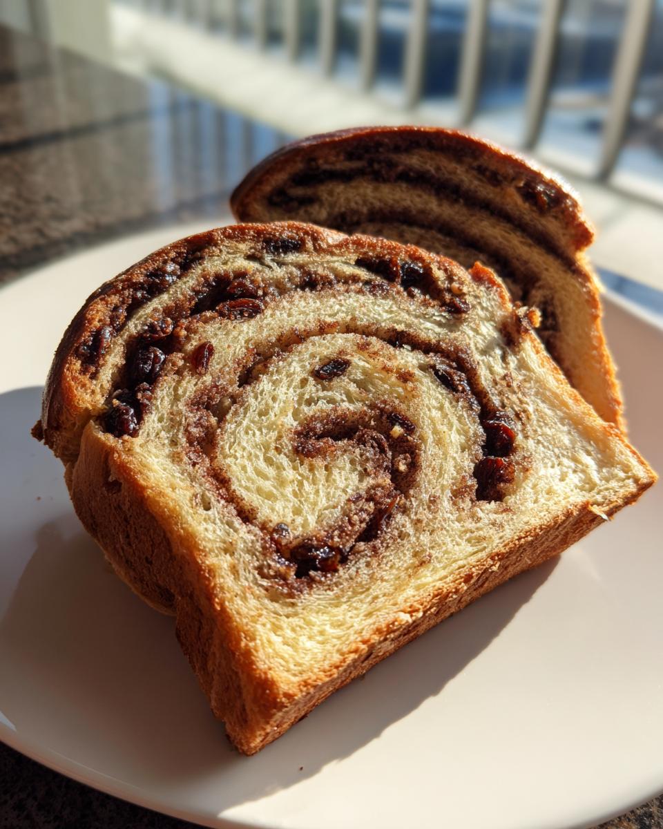 Close-up of two slices of homemade raisin bread showing the sweet cinnamon swirl and plump raisins inside.