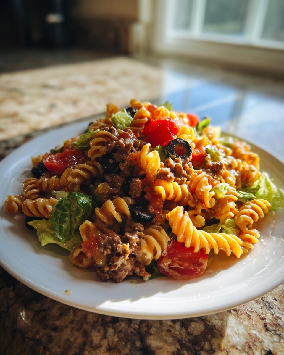 A close-up of a serving of taco pasta salad featuring rotini pasta, seasoned ground beef, tomatoes, olives, and lettuce.