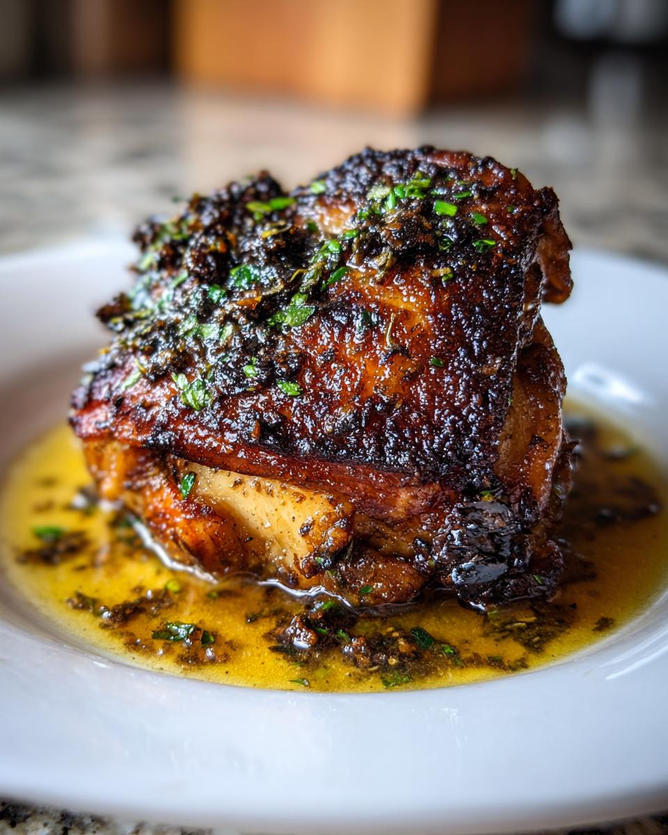 Close-up of a tender braised chicken thigh with a dark, crispy skin topped with herbs, sitting in rich pan juices.