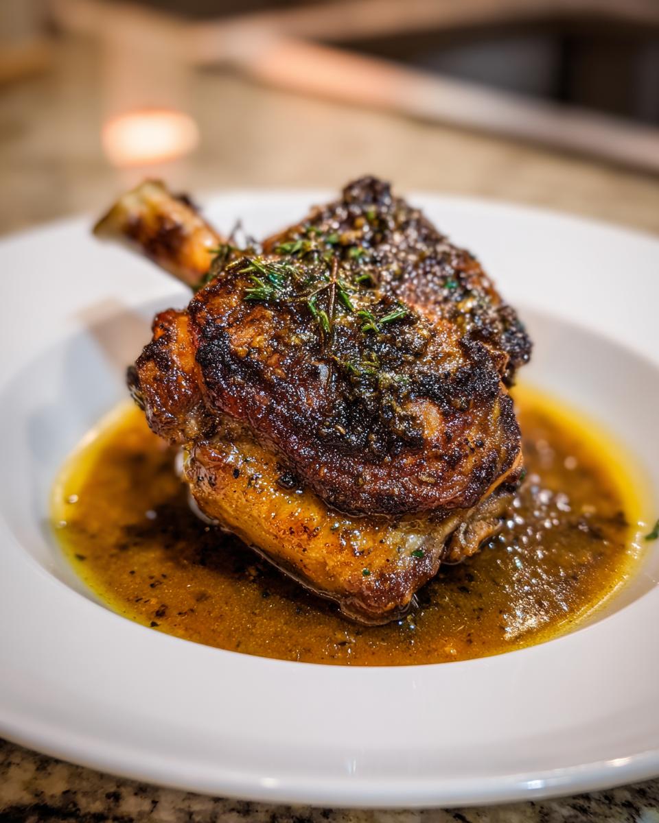 A beautifully seared and herb-crusted braised chicken thighs resting in rich pan sauce on a white plate.