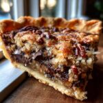 Close-up of a rich slice of texas trash pie showing a flaky crust, gooey filling, chocolate chunks, and pecans.