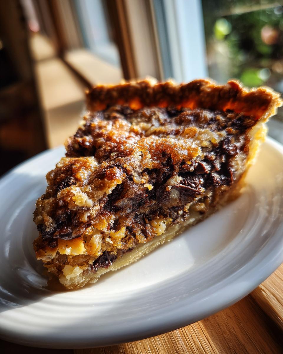 A close-up slice of rich texas trash pie showing a dense, gooey filling with chocolate and nuts on a white plate.