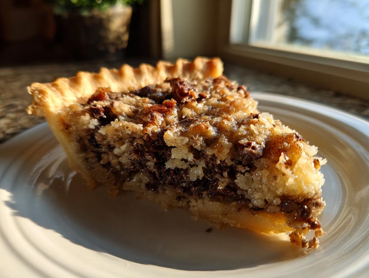 A close-up slice of rich Texas trash pie showing the gooey filling, chocolate, and pecan topping on a white plate.