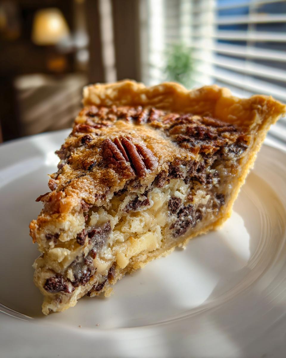 A close-up slice of rich texas trash pie featuring a gooey filling, chocolate chips, and a pecan topping on a white plate.