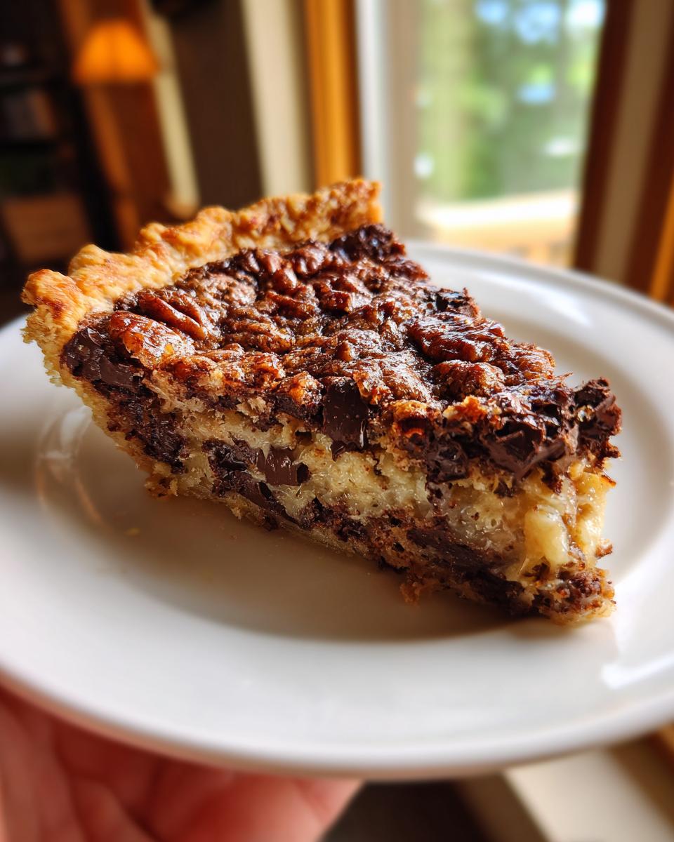 A close-up slice of rich Texas Trash Pie featuring a gooey filling, chocolate chunks, and a pecan topping.