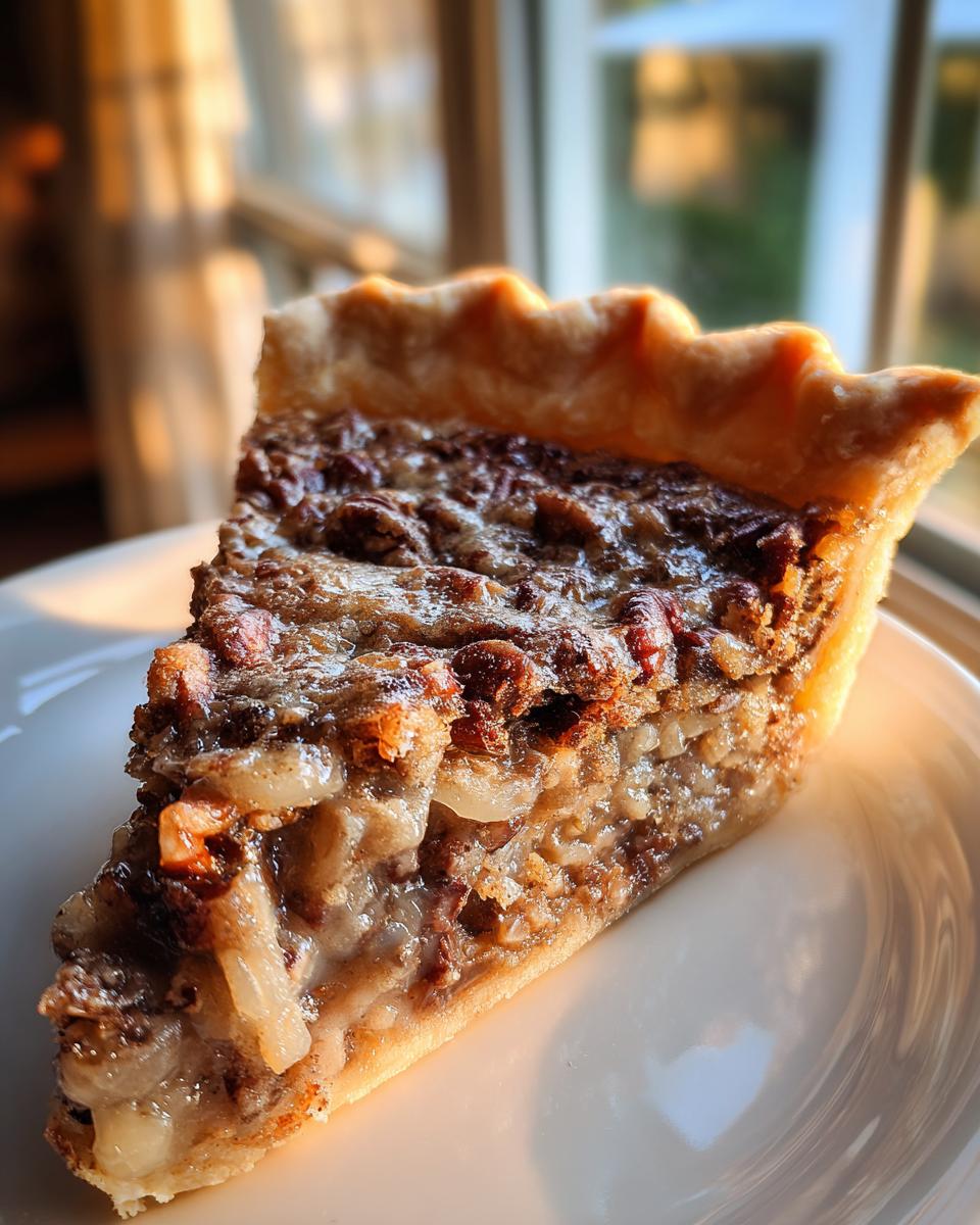 A close-up slice of rich Texas trash pie with a gooey filling and pecan topping on a white plate.