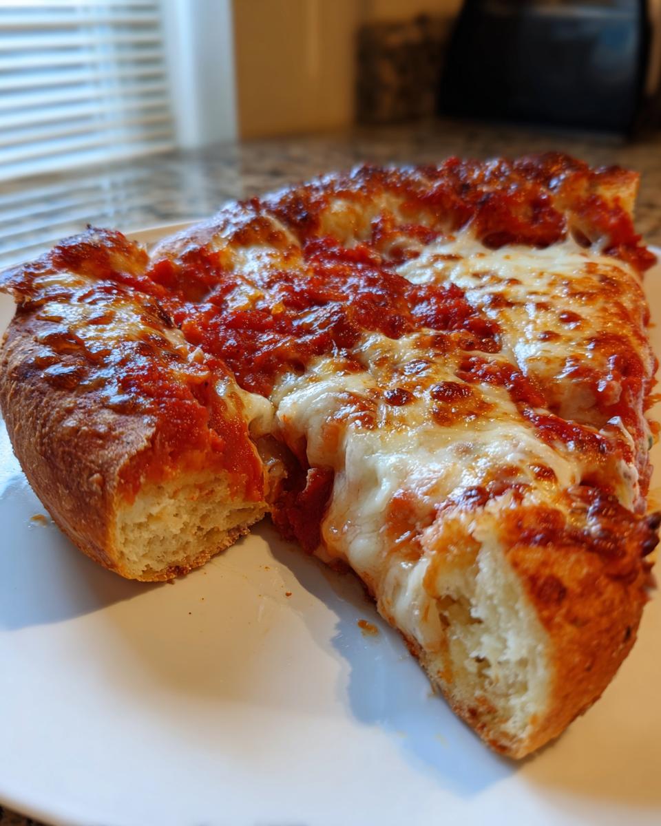 A thick slice of homemade pizza showing a generous layer of melted cheese and rich tomato sauce, with a visible airy crust.