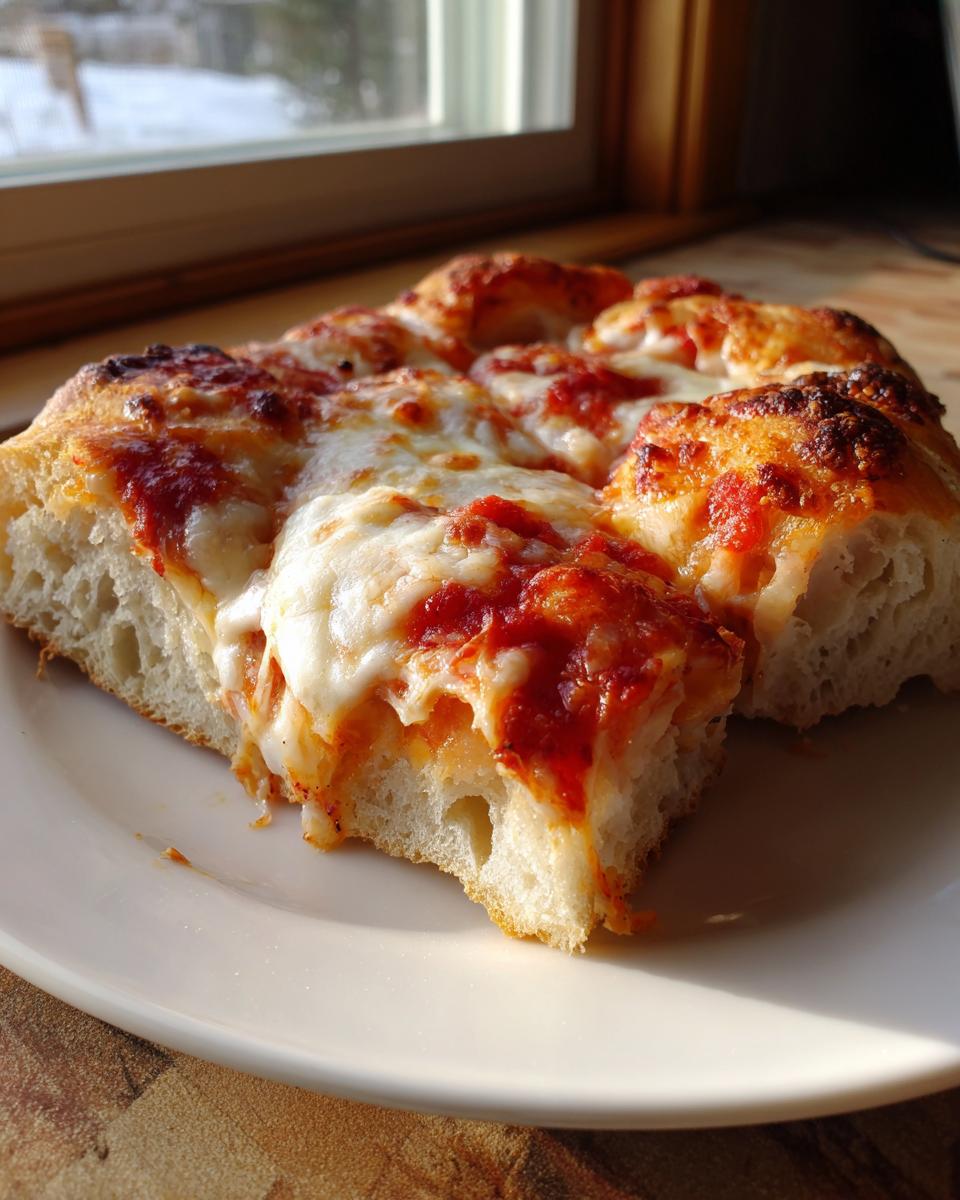 A close-up of a thick-crust slice of homemade pizza topped with melted mozzarella and bright tomato sauce.