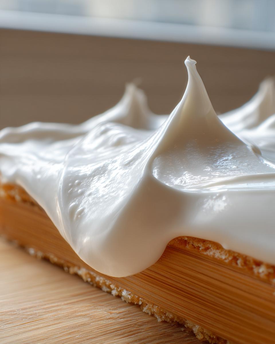 Close-up of thick, white royal gingerbread house icing piped onto a graham cracker or gingerbread piece.
