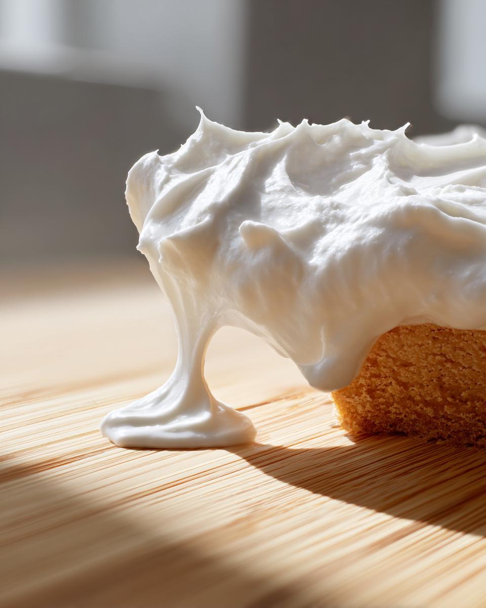 Close-up of thick, white gingerbread house icing generously applied to a piece of gingerbread, dripping onto a wooden surface.