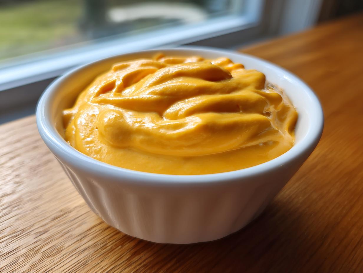 Close-up of thick, bright orange nacho cheese sauce swirled in a small white ramekin on a wooden surface.