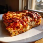 A thick, golden slice of homemade pizza showing a fluffy crust and bubbly, browned cheese and sauce.