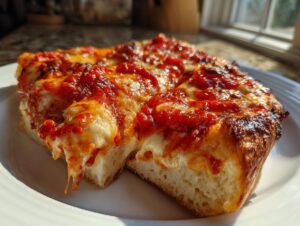 Close-up of a thick, square slice of homemade pizza featuring bubbly tomato sauce and melted cheese on a white plate.