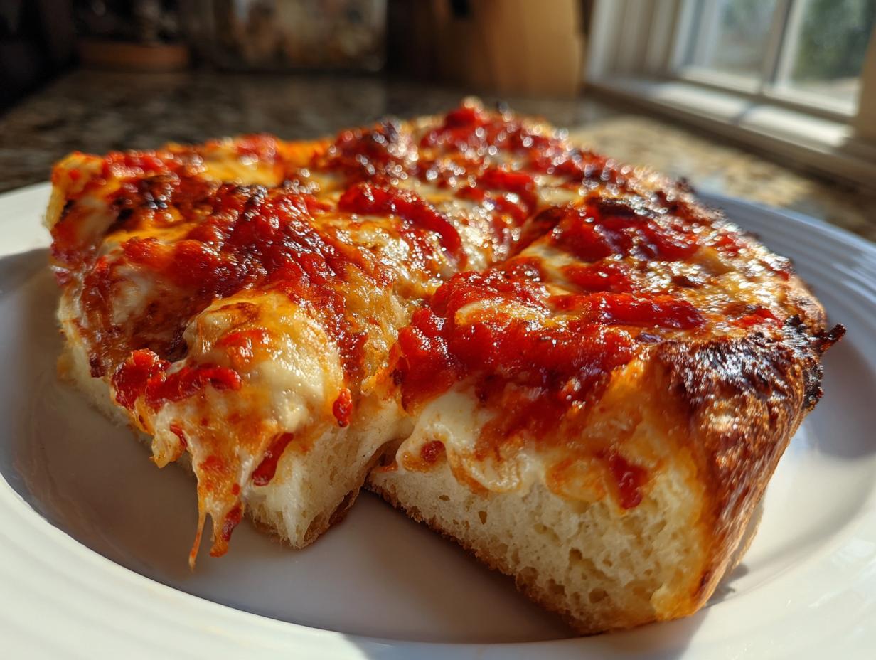 Close-up of a thick, square slice of homemade pizza featuring bubbly tomato sauce and melted cheese on a white plate.