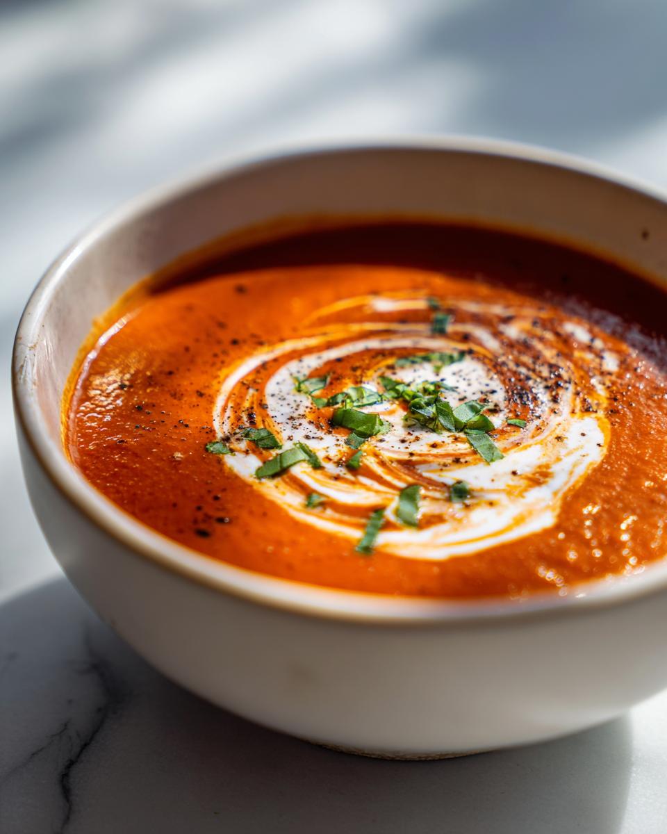 Close-up of a bowl of rich orange tomato basil soup, garnished with a cream swirl, black pepper, and fresh basil.