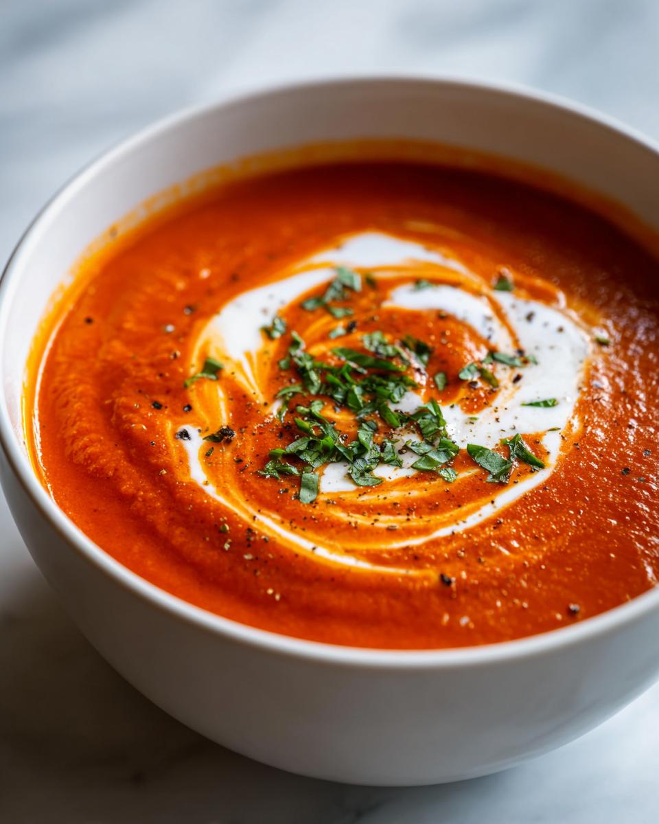 Close-up of vibrant red tomato basil soup topped with a cream swirl, fresh basil, and cracked black pepper.