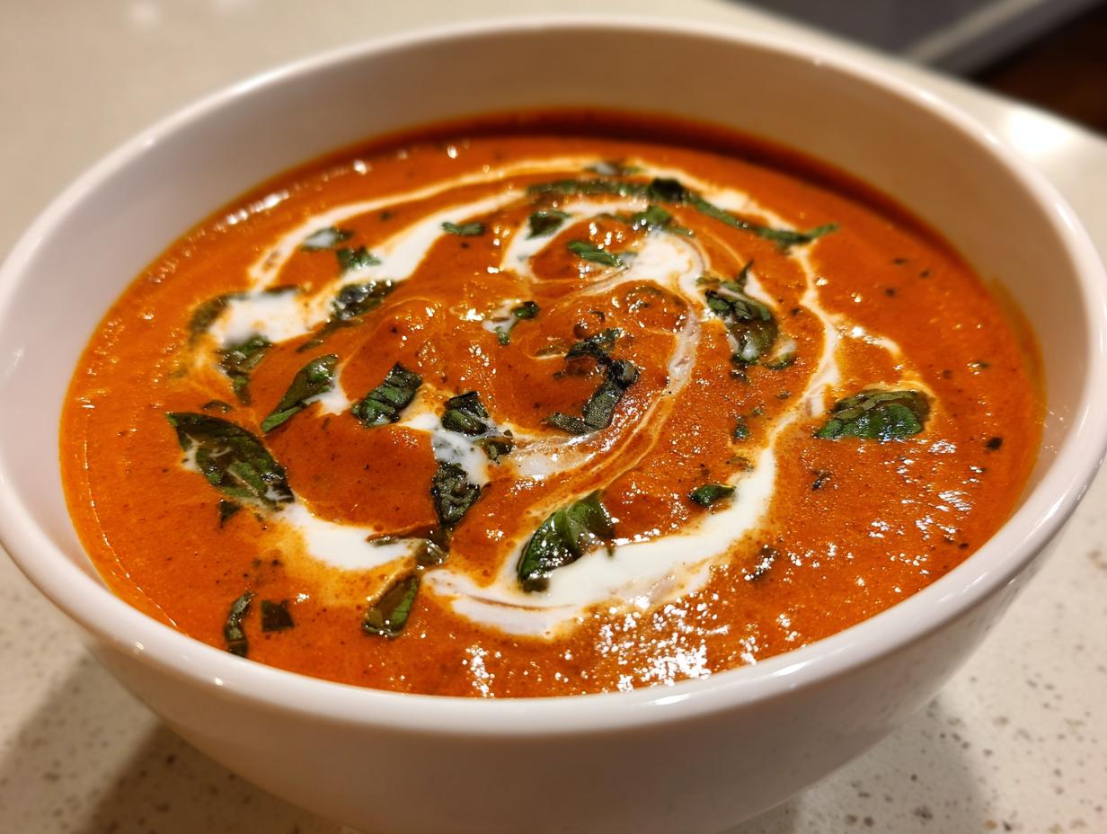 Close-up of a bowl of rich orange tomato basil soup, swirled with cream and topped with fresh basil.