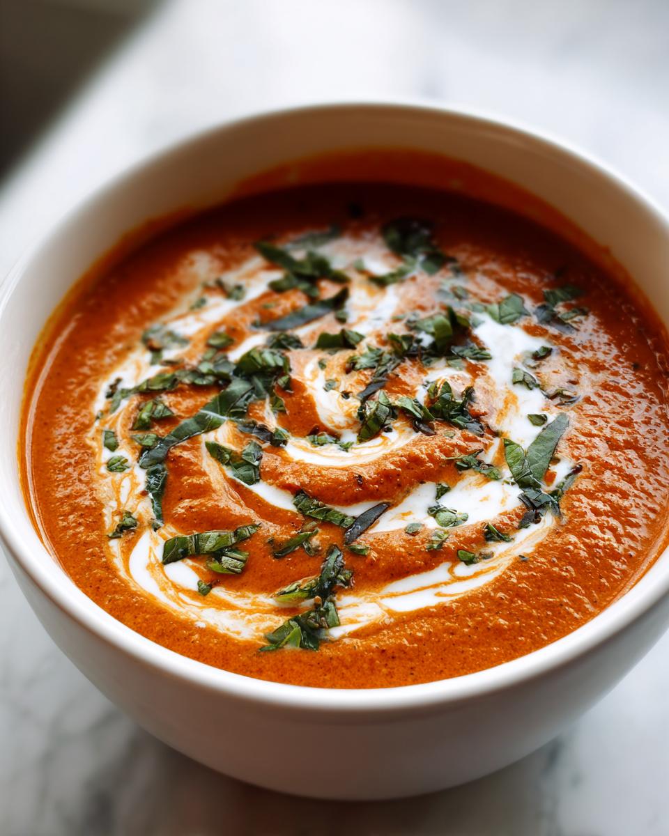 Close-up of rich, orange-red tomato basil soup swirled with cream and topped with chopped fresh basil.