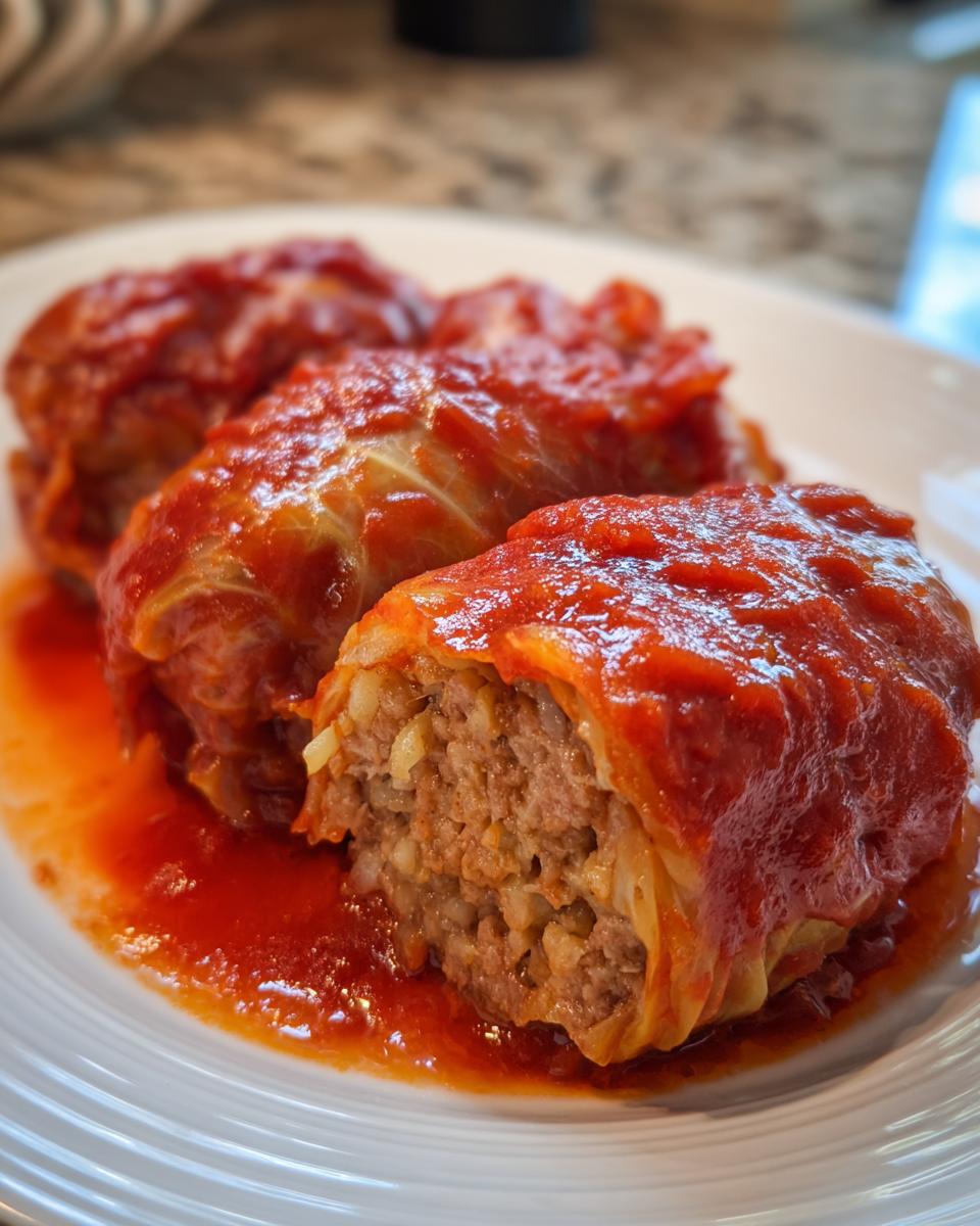 Three delicious cabbage rolls smothered in bright red tomato sauce, one cut open showing meat and rice filling.