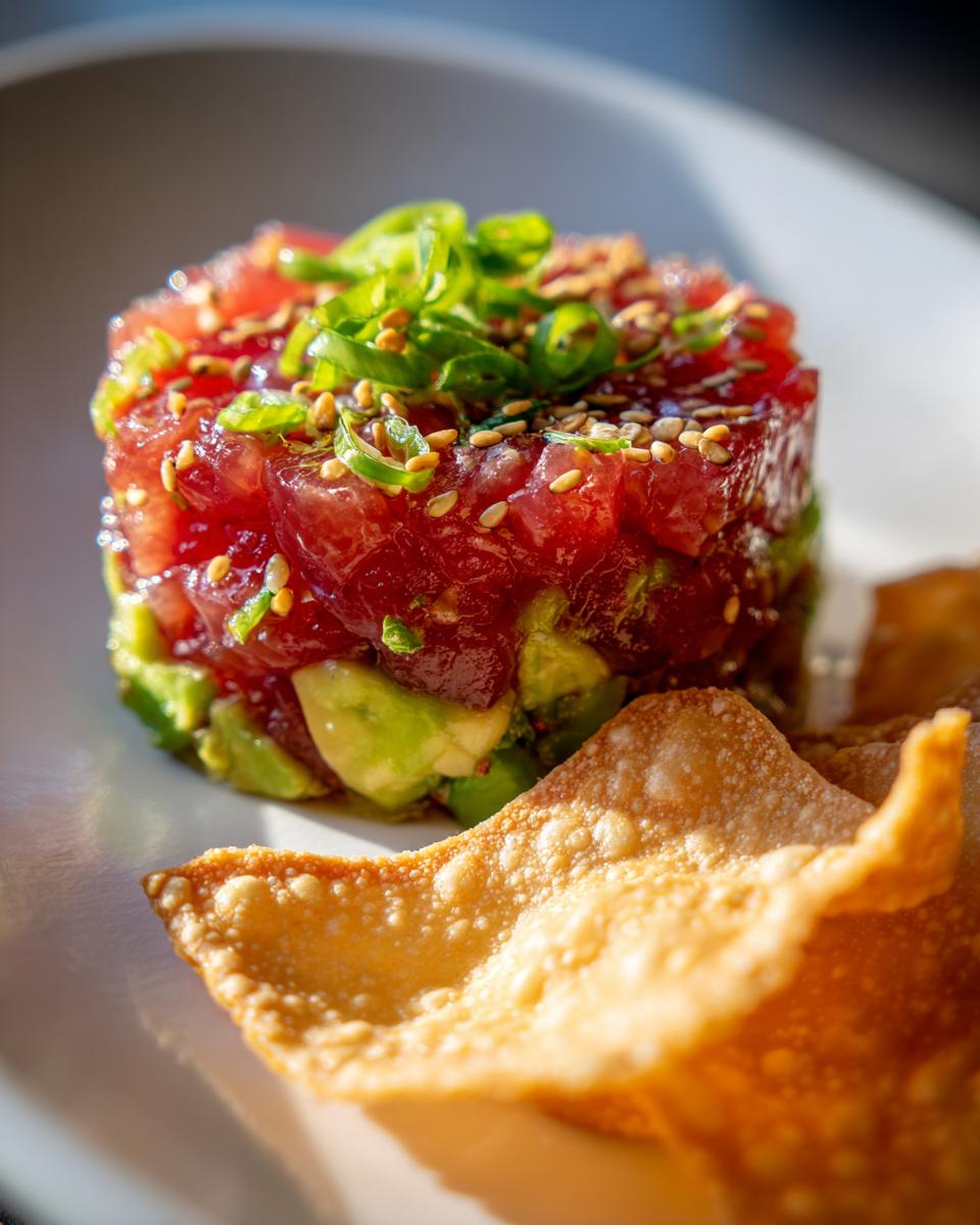 Close-up of fresh tuna tartare molded into a cylinder, layered with avocado, topped with scallions and sesame seeds, served with crispy wontons.