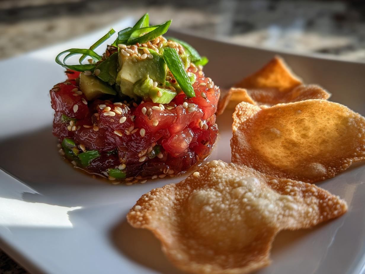 A molded serving of fresh tuna tartare topped with avocado, sesame seeds, and scallions, served with crispy wonton chips.