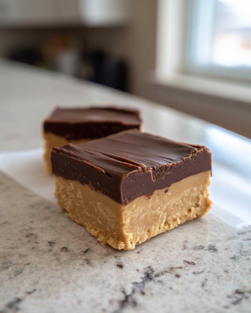 Two squares of rich buckeye fudge, featuring a thick peanut butter base and a smooth chocolate topping, sitting on a countertop.