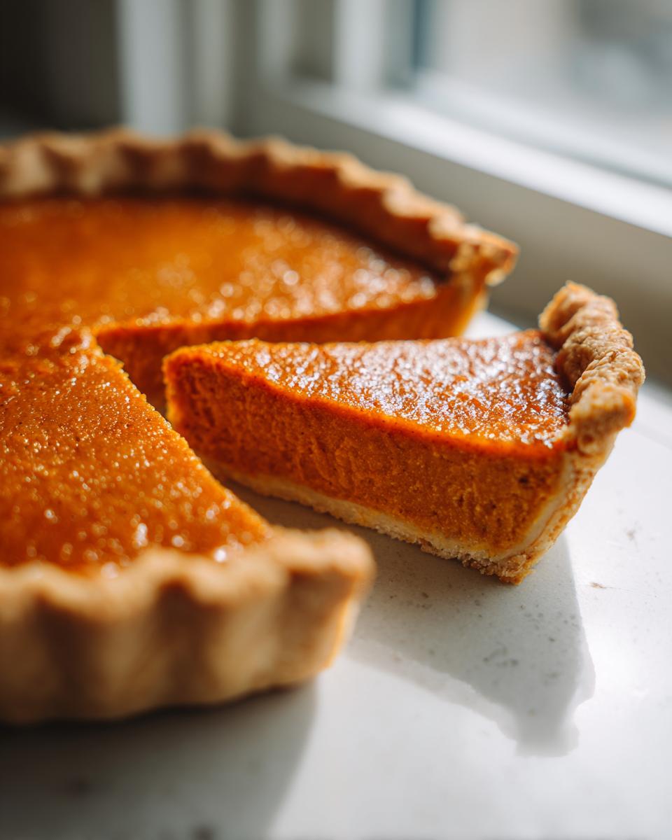 A slice of rich, orange vegan pumpkin pie next to the rest of the pie, sitting on a light countertop near a window.