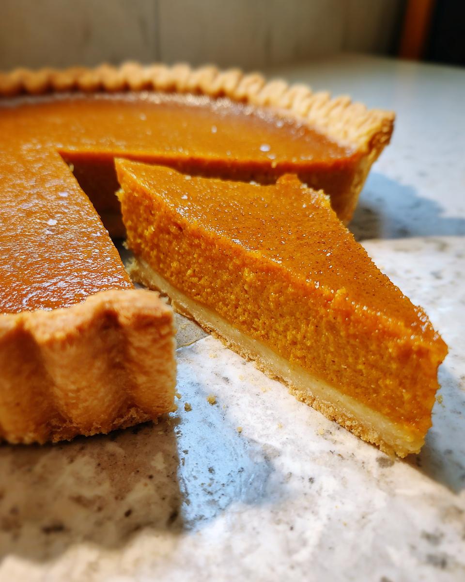 A close-up of a perfectly baked slice of vegan pumpkin pie next to the rest of the pie.