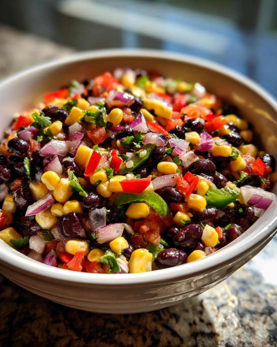 Close-up of a white bowl filled with colorful cowboy caviar, featuring black beans, corn, red onion, and peppers.