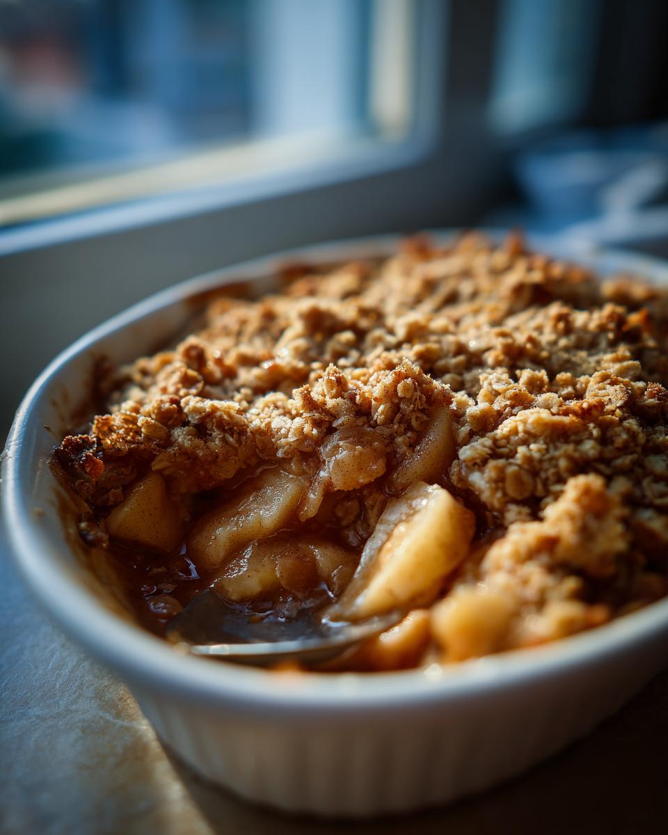 Close-up of a warm apple crisp recipe served in a white ramekin with a spoon digging into the baked apples and oat topping.