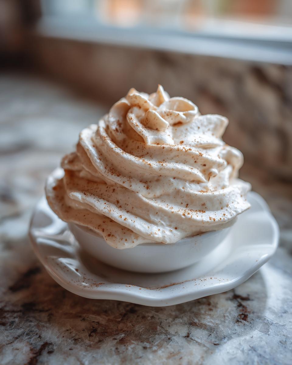 A small white bowl filled with freshly whipped cinnamon butter, dusted generously with cinnamon.