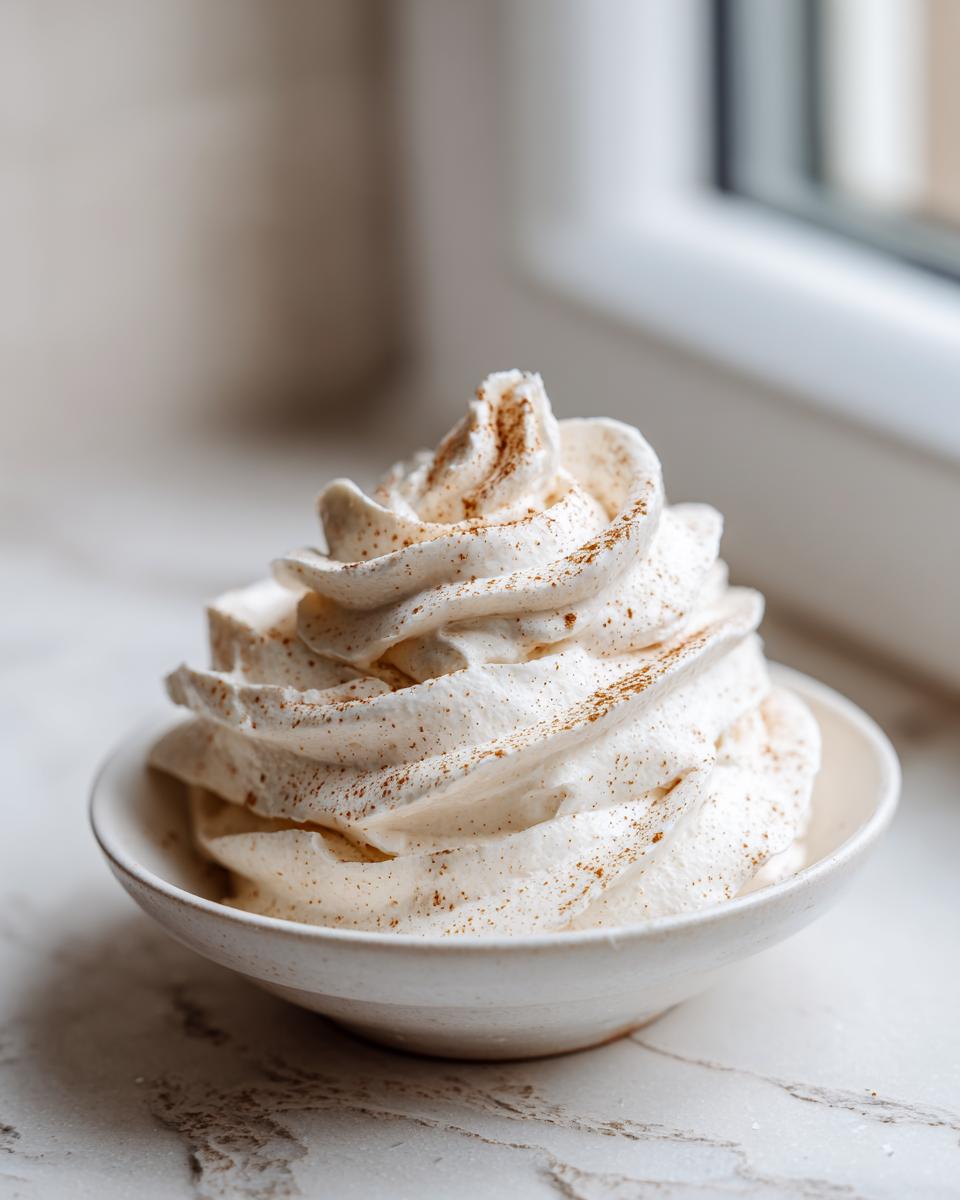 A perfectly piped swirl of homemade cinnamon butter, dusted with cinnamon, in a small white bowl.