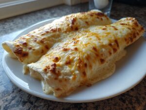 Two rolled white chicken enchiladas covered in bubbling, golden-brown melted cheese sauce on a white plate.