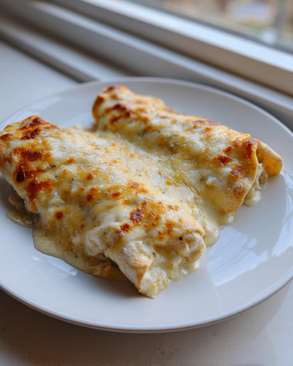 Two baked white chicken enchiladas covered in melted, bubbly white cheese sauce, served on a white plate.