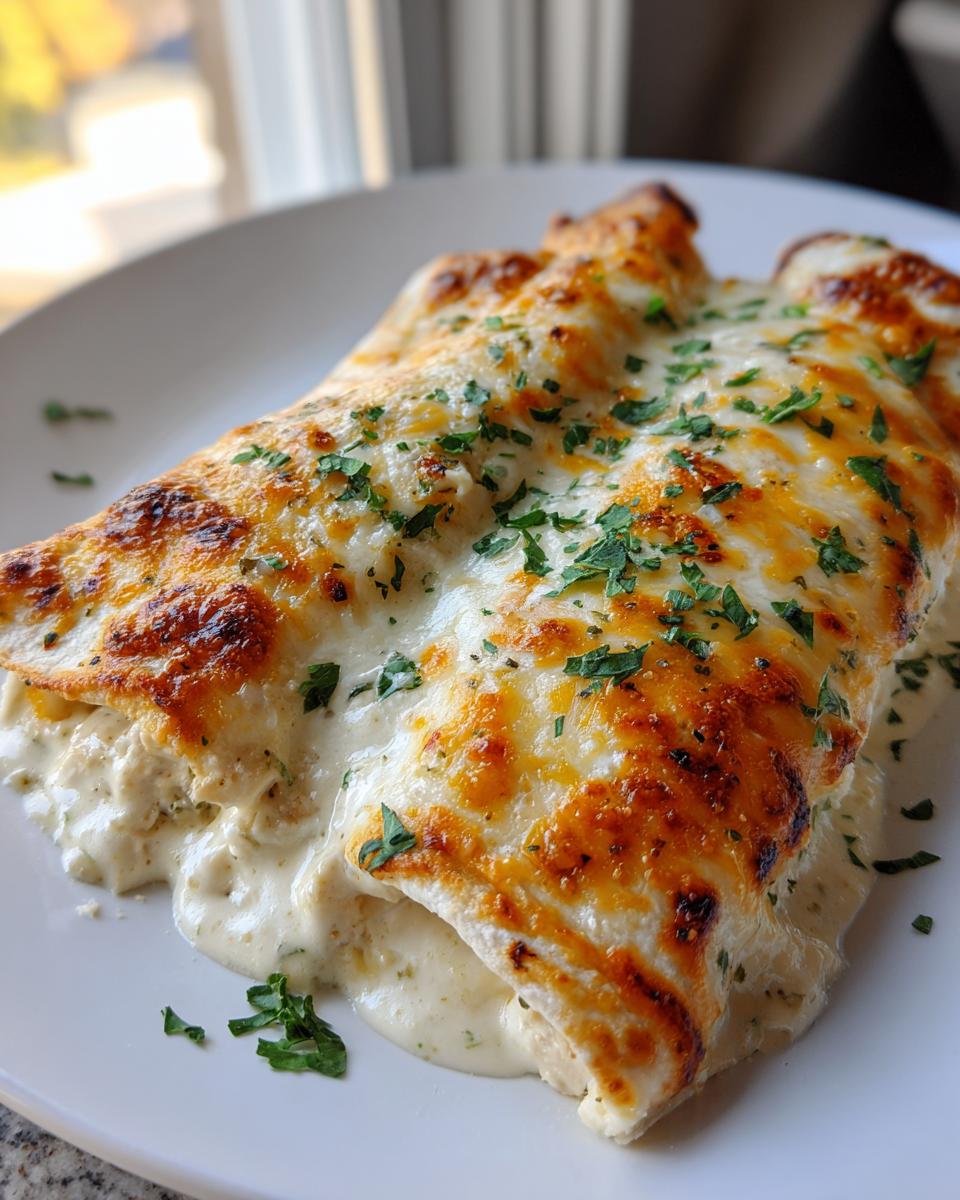 Two rolled white chicken enchiladas smothered in creamy sauce and melted, browned cheese, garnished with parsley.
